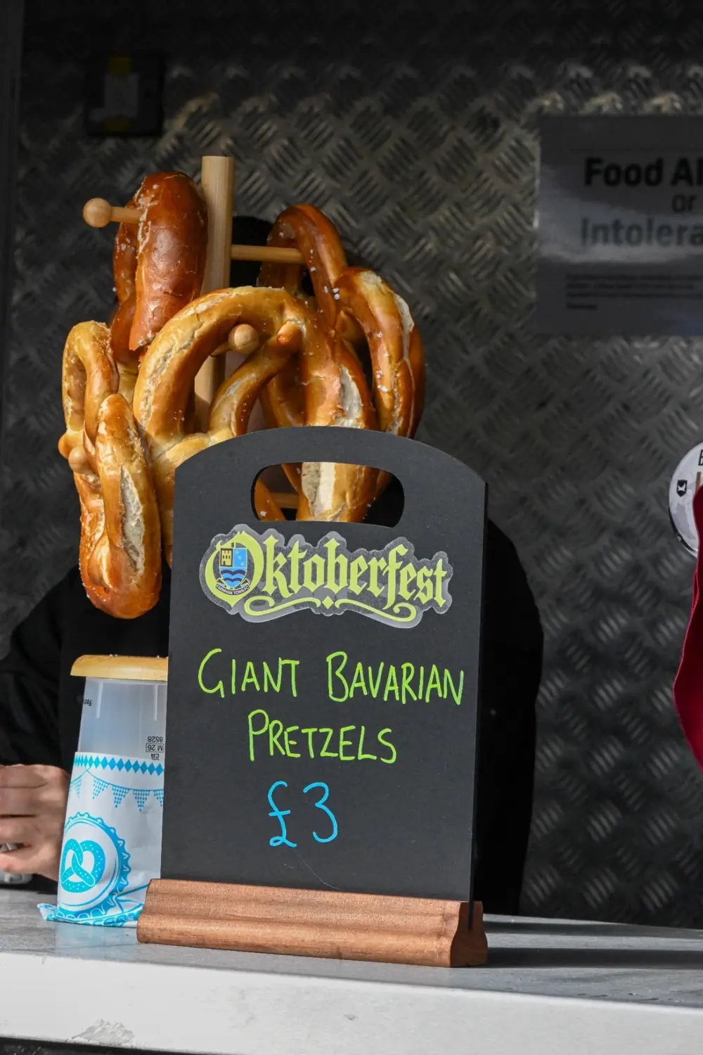 Giant Bavarian pretzels at the food counter, priced at £3