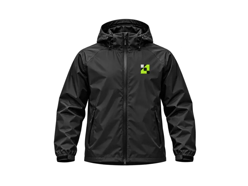 A black hooded rain jacket with a club crest