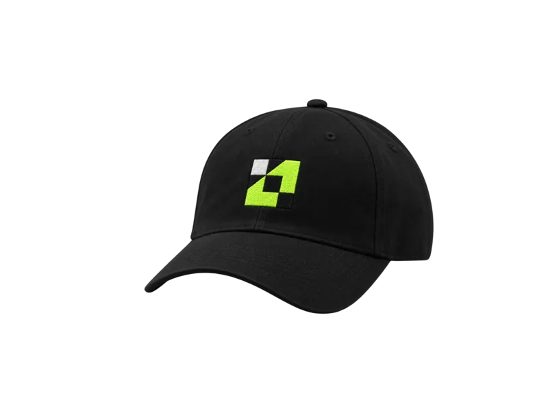 A black cap with an embroidered club badge